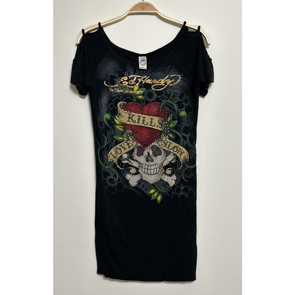 Ed Hardy Vintage Y2K 2000's Love Kills Slowly Skull Dress Alloverprint "READ"